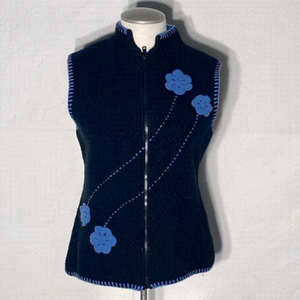 Miss Sweaters Black Wool Zip Front Vest With blue Trim And Flowers S